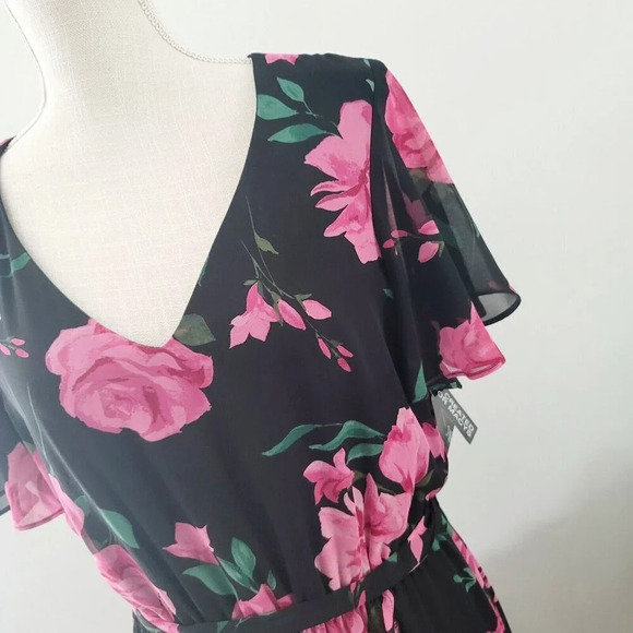 INC International Concepts Pink Black Floral Faux Wrap Midi Flutter Dress 10 M - Picture 4 of 16